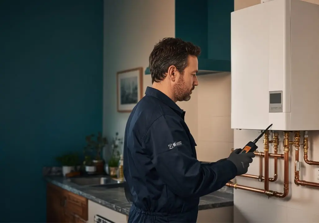 Vérification d’une chaudière gaz et de ses tuyauteries par un technicien